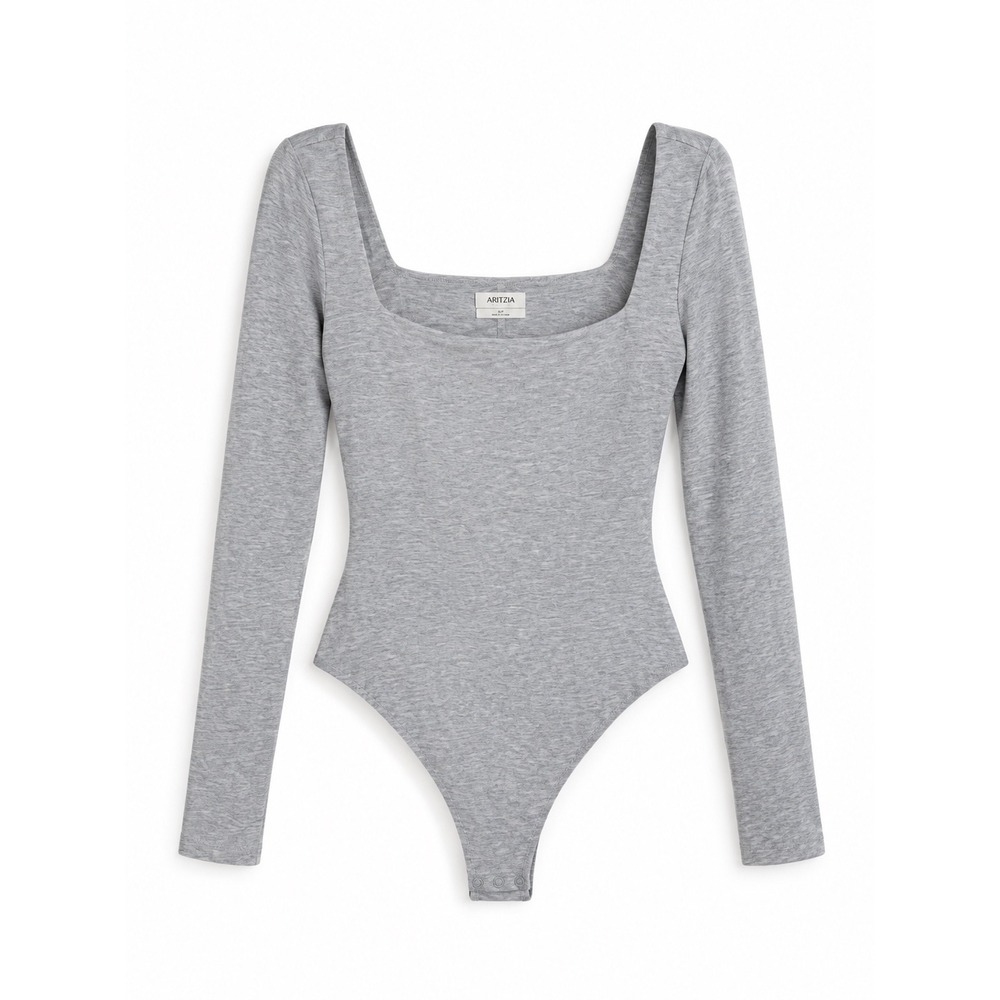 Aritzia Bodysuit Women's Medium Contour Square Neck Long Sleeve Thong Gray New
